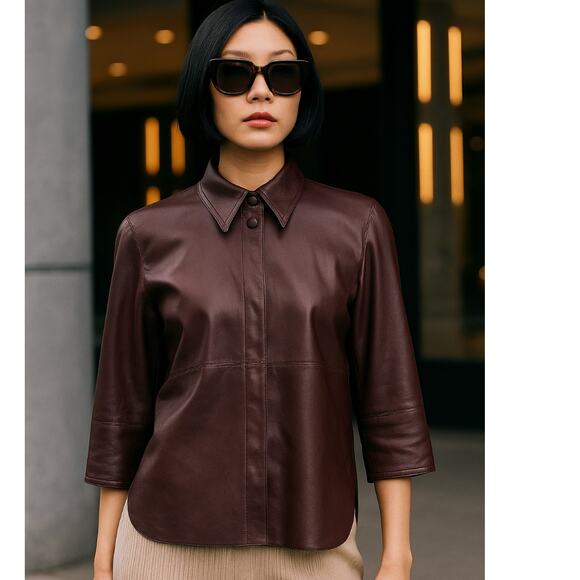 Nanushka by Naum Vegan Leather Button up shirt Size XS in Merlot Luxury Designer - Picture 1 of 8